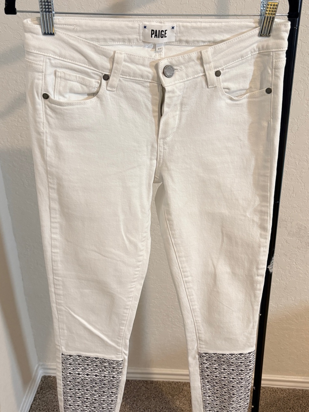 PAIGE White Skinny Jeans with Embroidered Lower Panels
